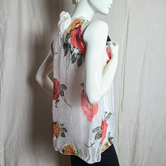 M Made in Italy Women's Silk Floral Roses Sheer Tie Back Sleeveless Blouse - Picture 12 of 14
